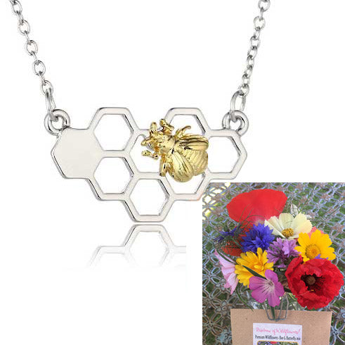 Honeycomb and Honey Bee Necklace with 10g UK wildflower seeds