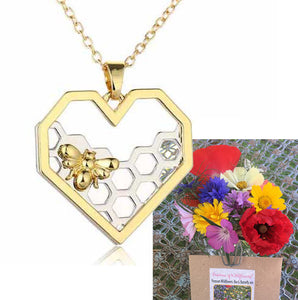 Heart Honeycomb Bee Necklace with wild flower seeds
